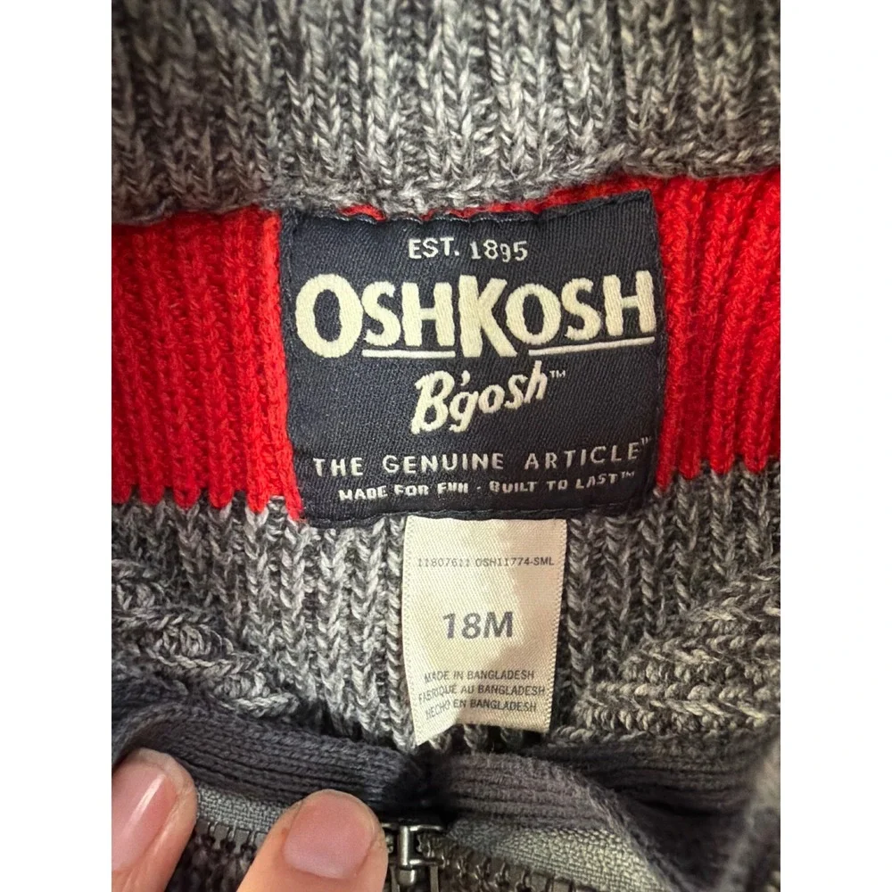 OshKosh B'gosh Quarter Zip Sweater Boys 18M Red Grey Striped Chunky‎ Knit
